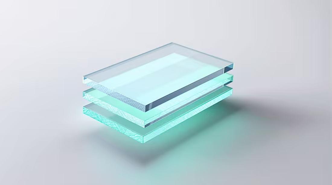 Three stacked translucent panes; the two beneath glow, the one on top is clear.